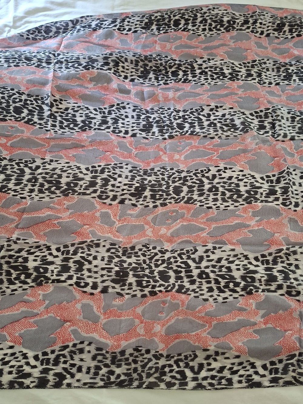CHICOS LARGE ANIMAL PRINT WITH RED AND GREY LARGE SILK SCARF
